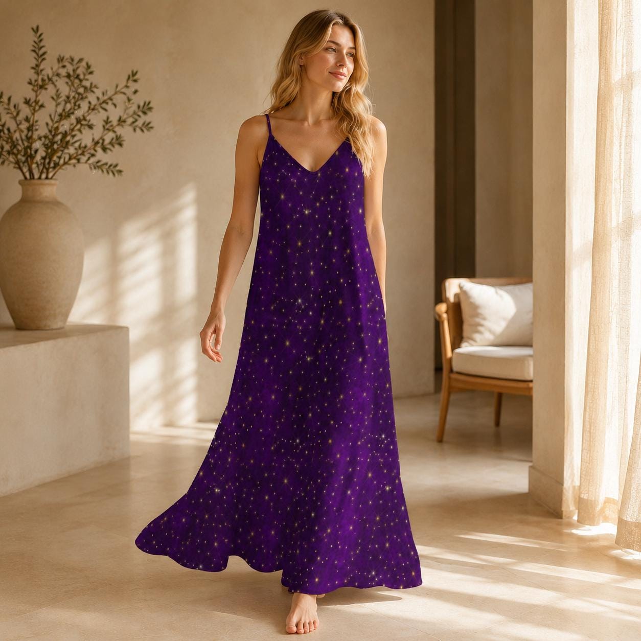 Purple Galaxy Maxi Dress, Starry Night Print Slip Sundress, Celestial V Neck Summer Nights