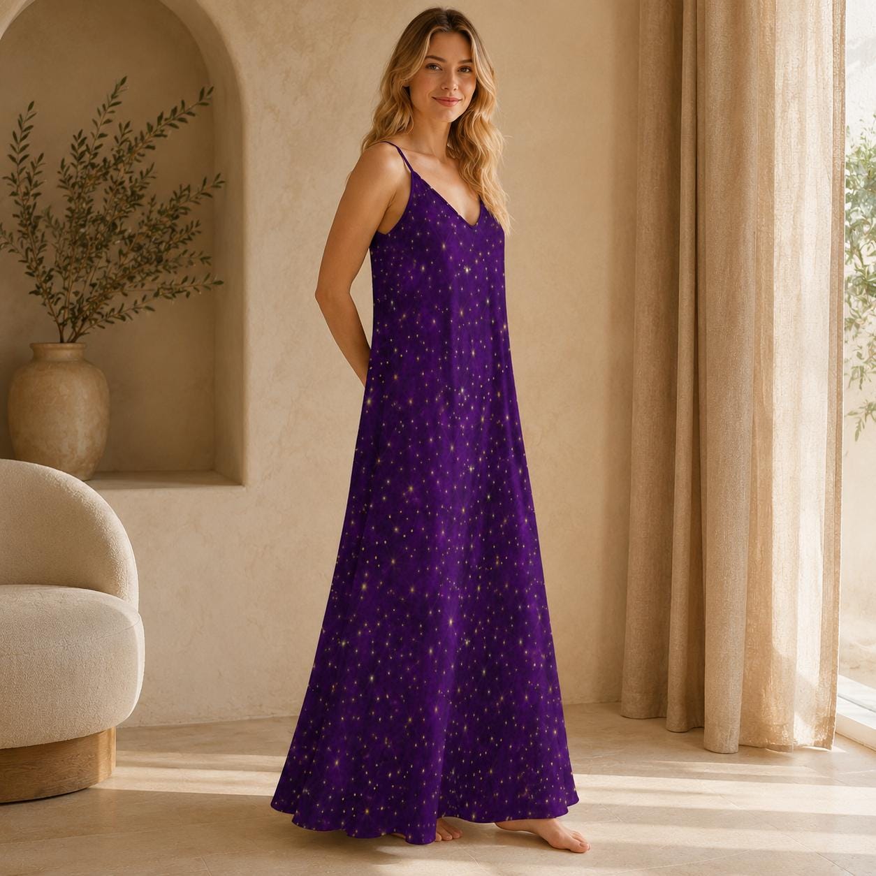 Purple Galaxy Maxi Dress, Starry Night Print Slip Sundress, Celestial V Neck Summer Nights