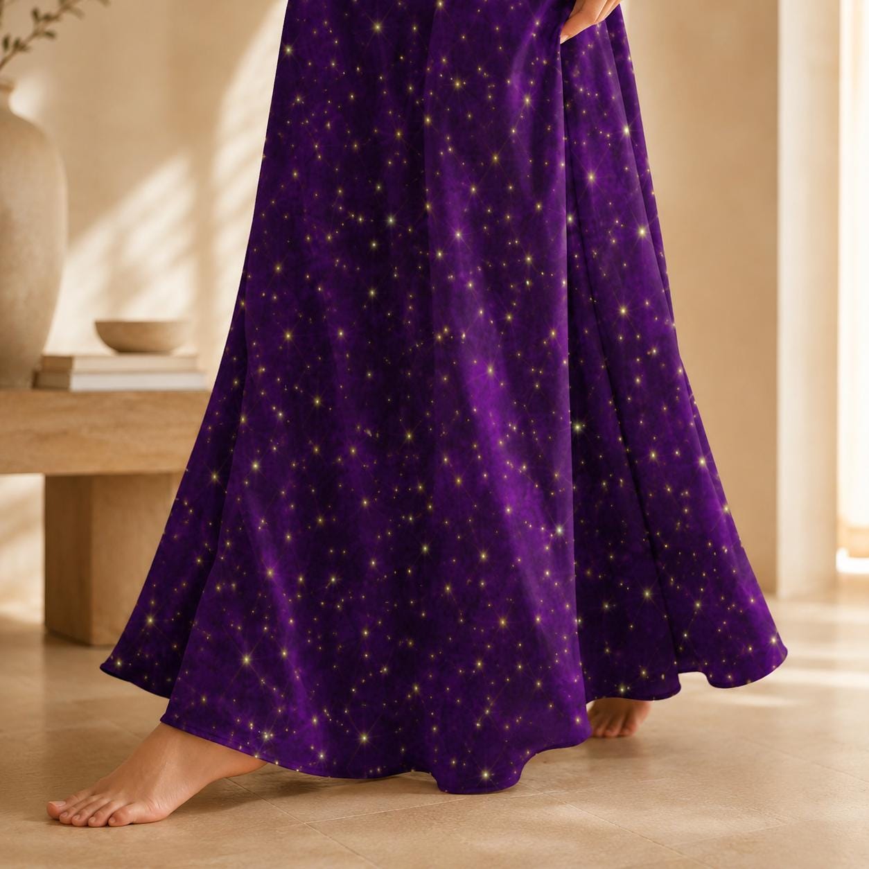 Purple Galaxy Maxi Dress, Starry Night Print Slip Sundress, Celestial V Neck Summer Nights