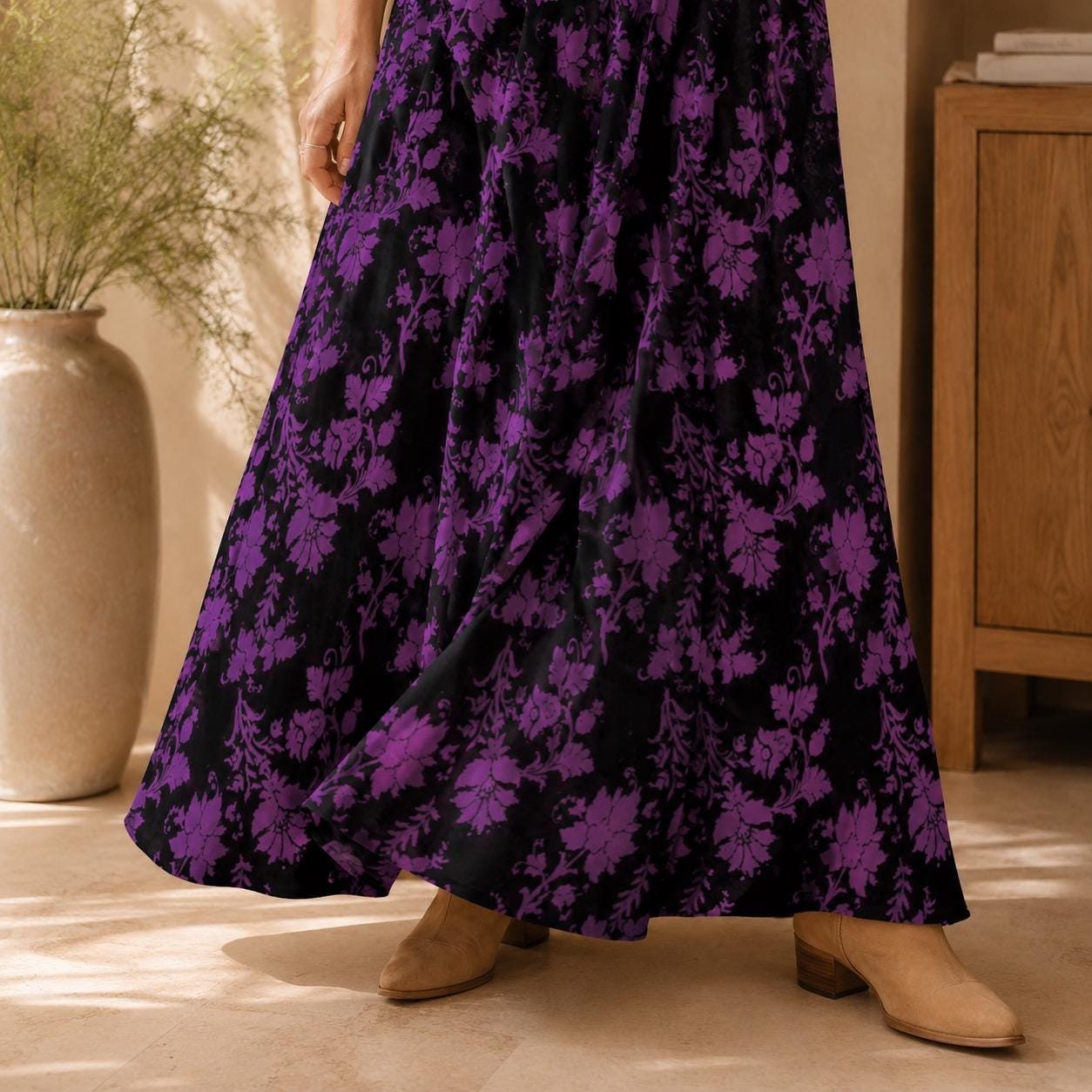 Whimsigoth Maxi Dress, Purple Floral Print, V Neck Spaghetti Strap Sundress