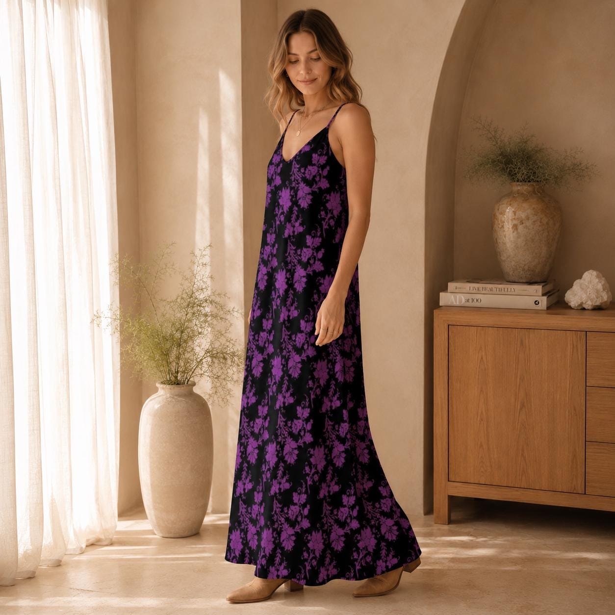 Whimsigoth Maxi Dress, Purple Floral Print, V Neck Spaghetti Strap Sundress