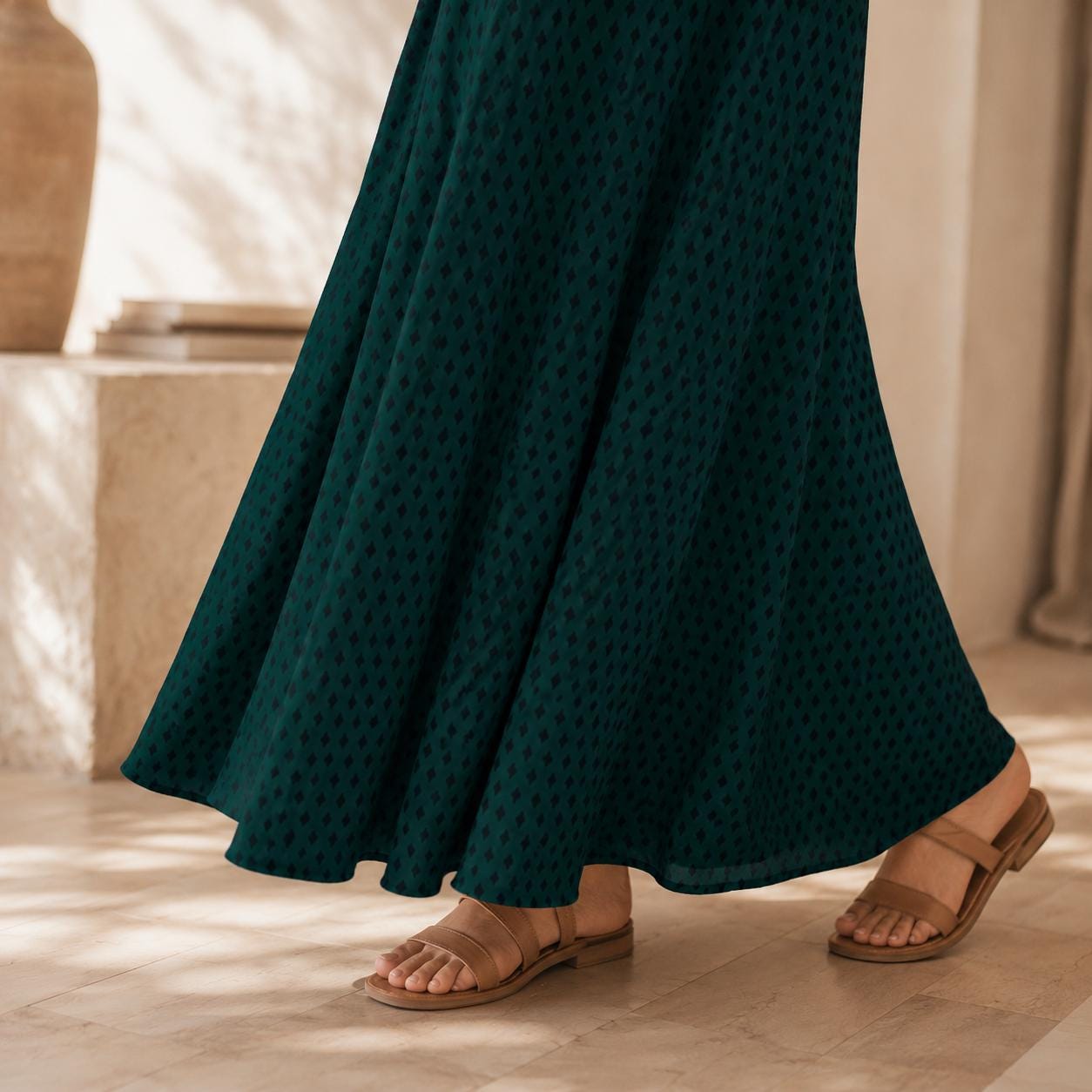 Emerald Green Diamond Print Boho Maxi Dress, Flowy V Neck Sundress