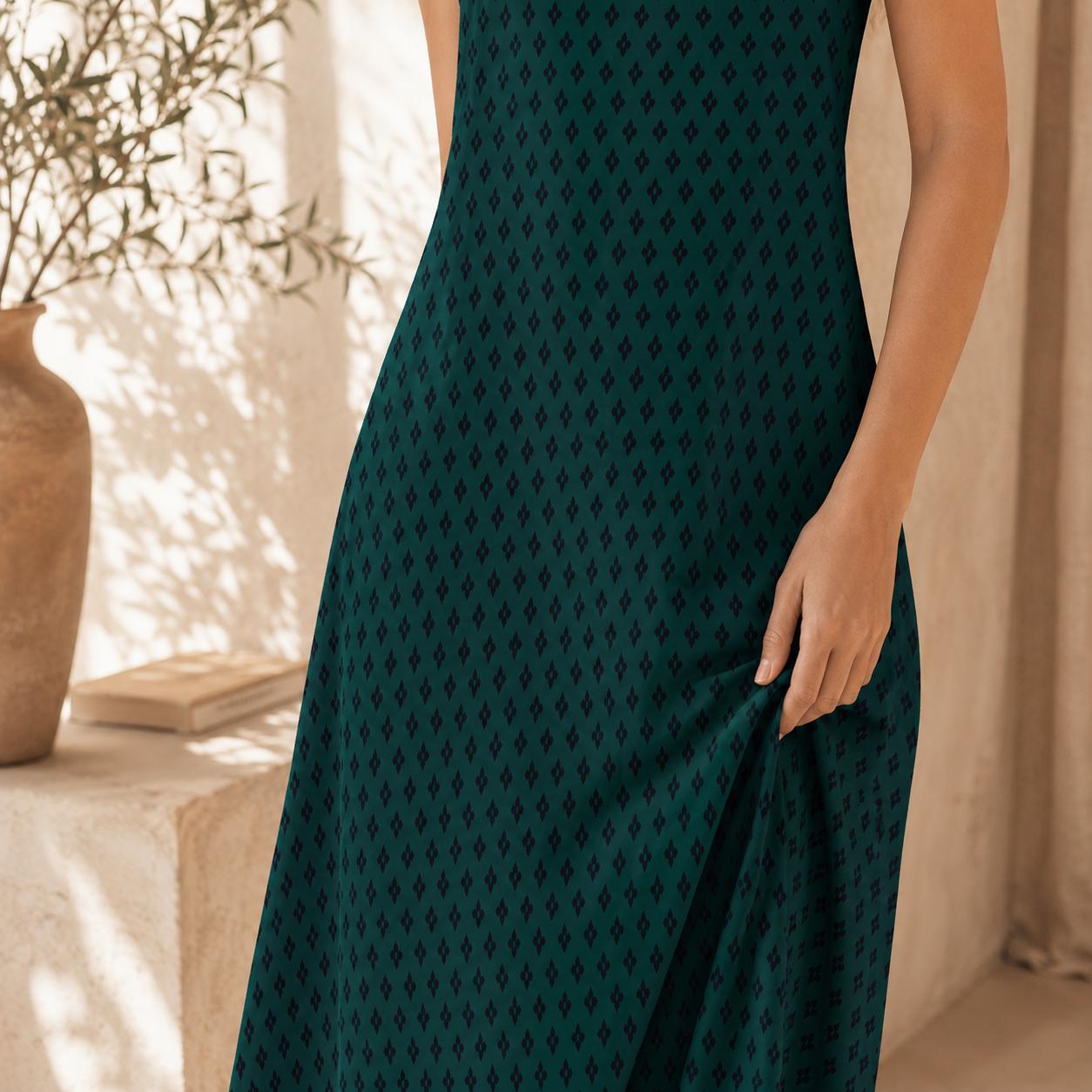 Emerald Green Diamond Print Boho Maxi Dress, Flowy V Neck Sundress