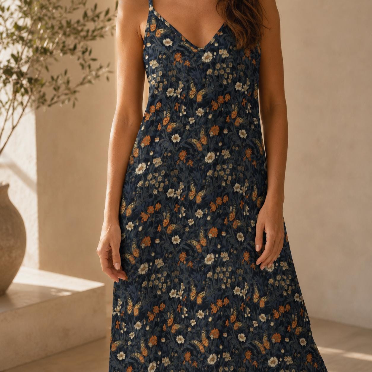 Navy Wildflower and Butterfly Print Maxi Dress with Spaghetti Straps