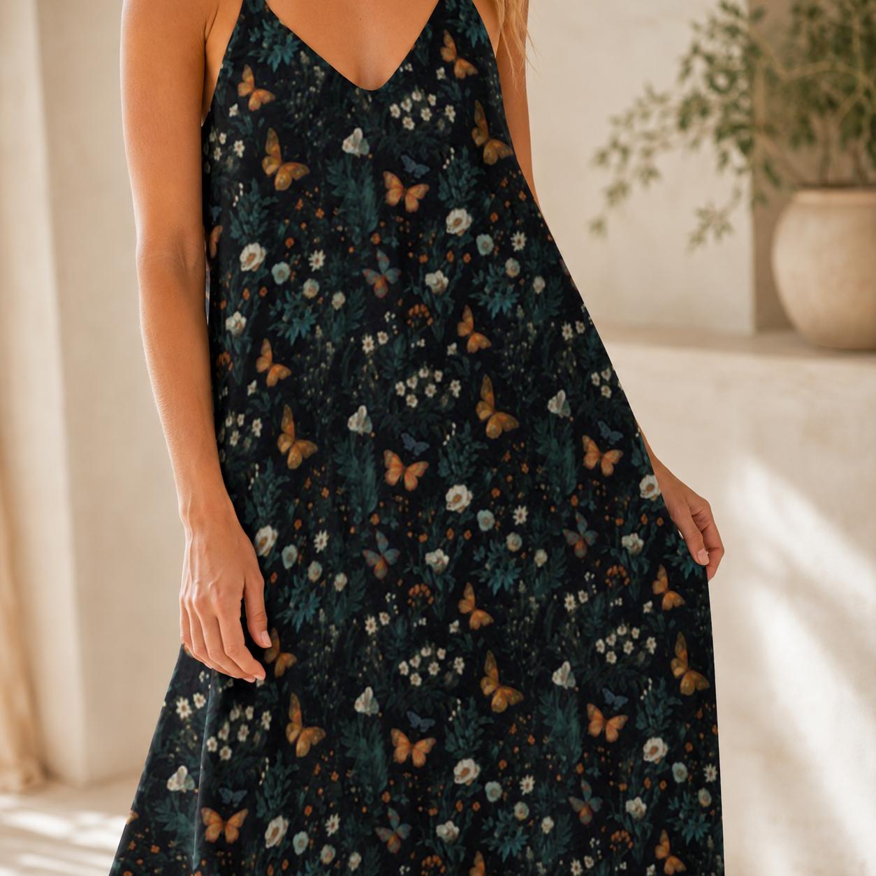 Dark Floral Butterfly Maxi Dress, Forestcore Whimsigoth Sundress, Botanical Cami