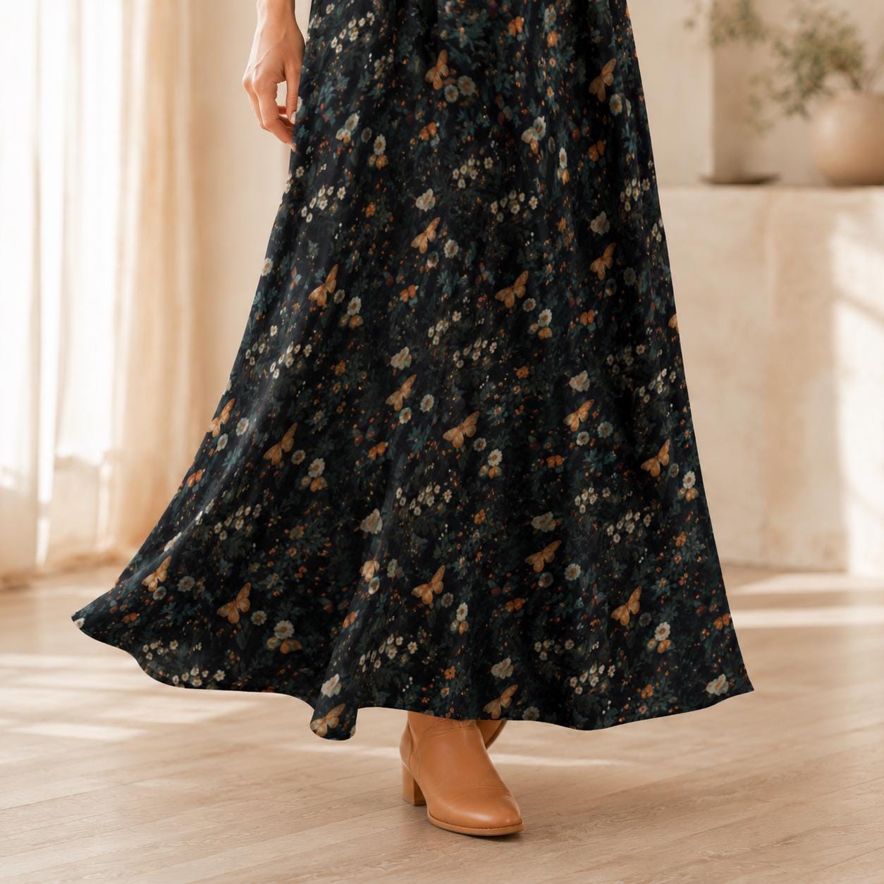 Dark Floral Butterfly Maxi Dress, Forestcore Whimsigoth Sundress, Botanical Cami