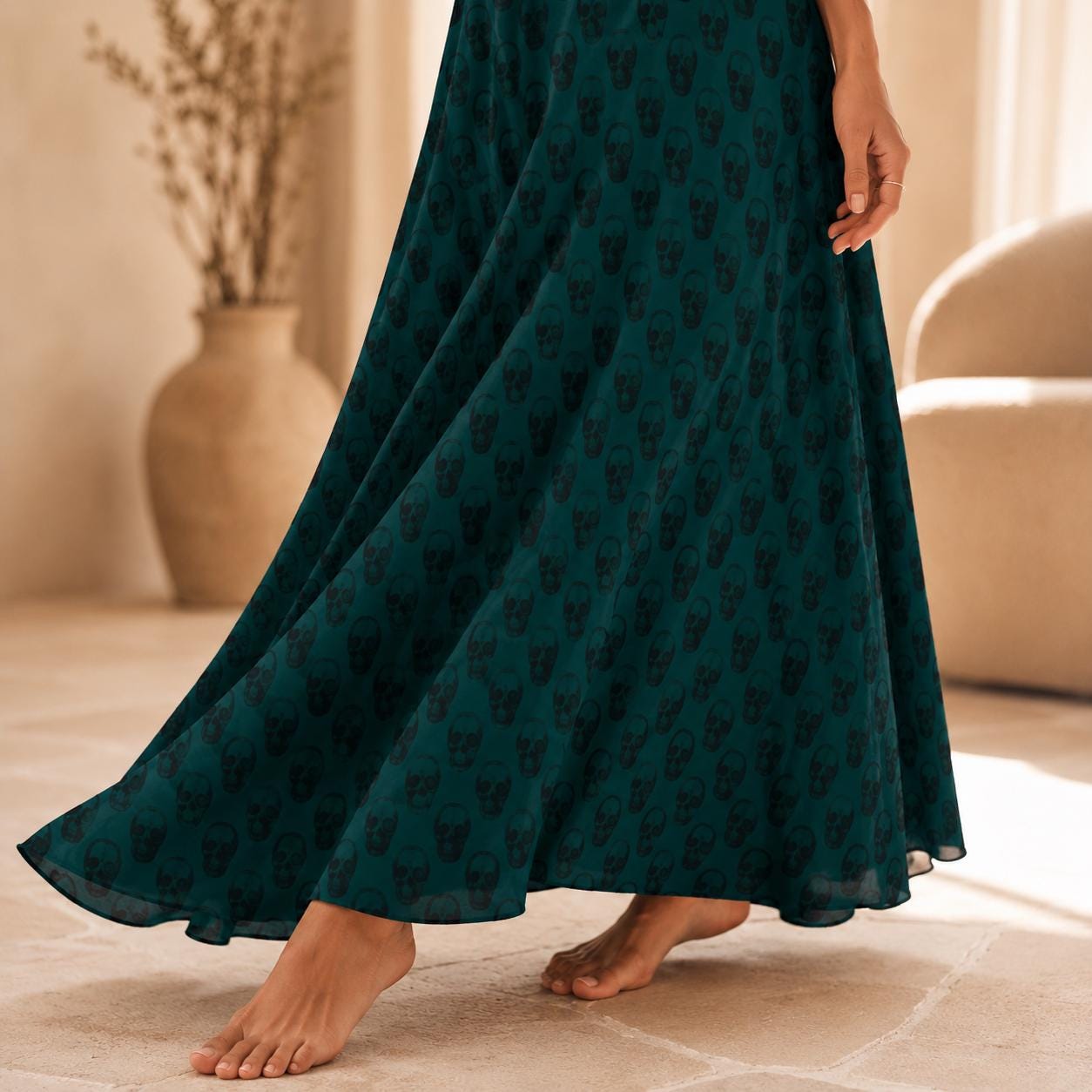 Emerald Green Skull Print Maxi Dress, Flowy V-Neck Cami Sundress