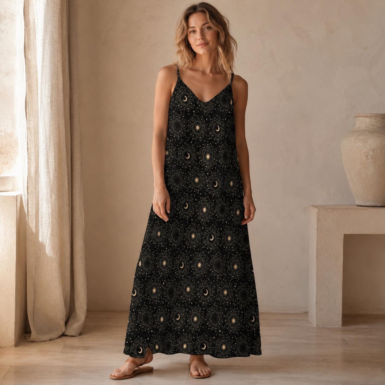 Black Moon and Star Print Maxi Dress with Spaghetti Straps