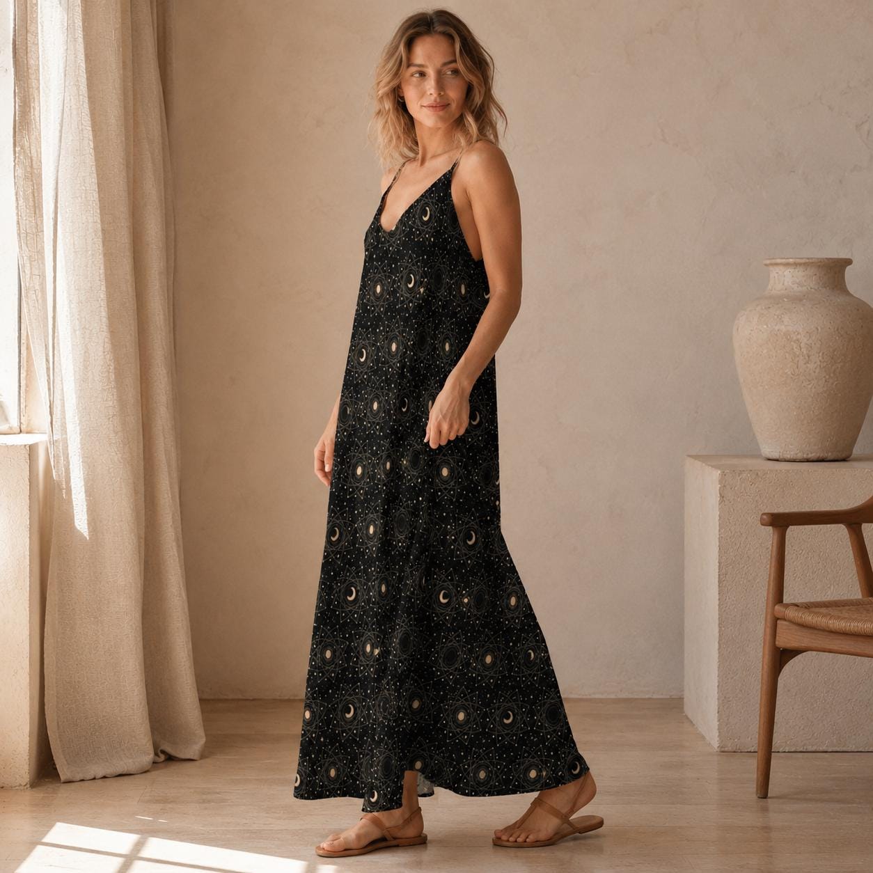 Black Moon and Star Print Maxi Dress with Spaghetti Straps