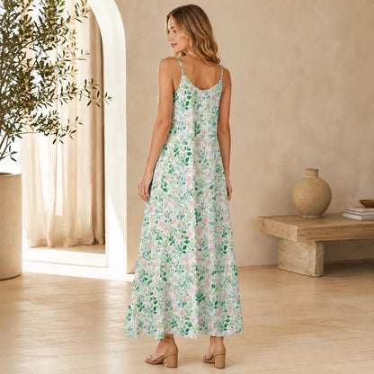 Watercolor Floral Maxi Dress, Sage Green, Pink Blooms, Cottagecore Slip Sundress