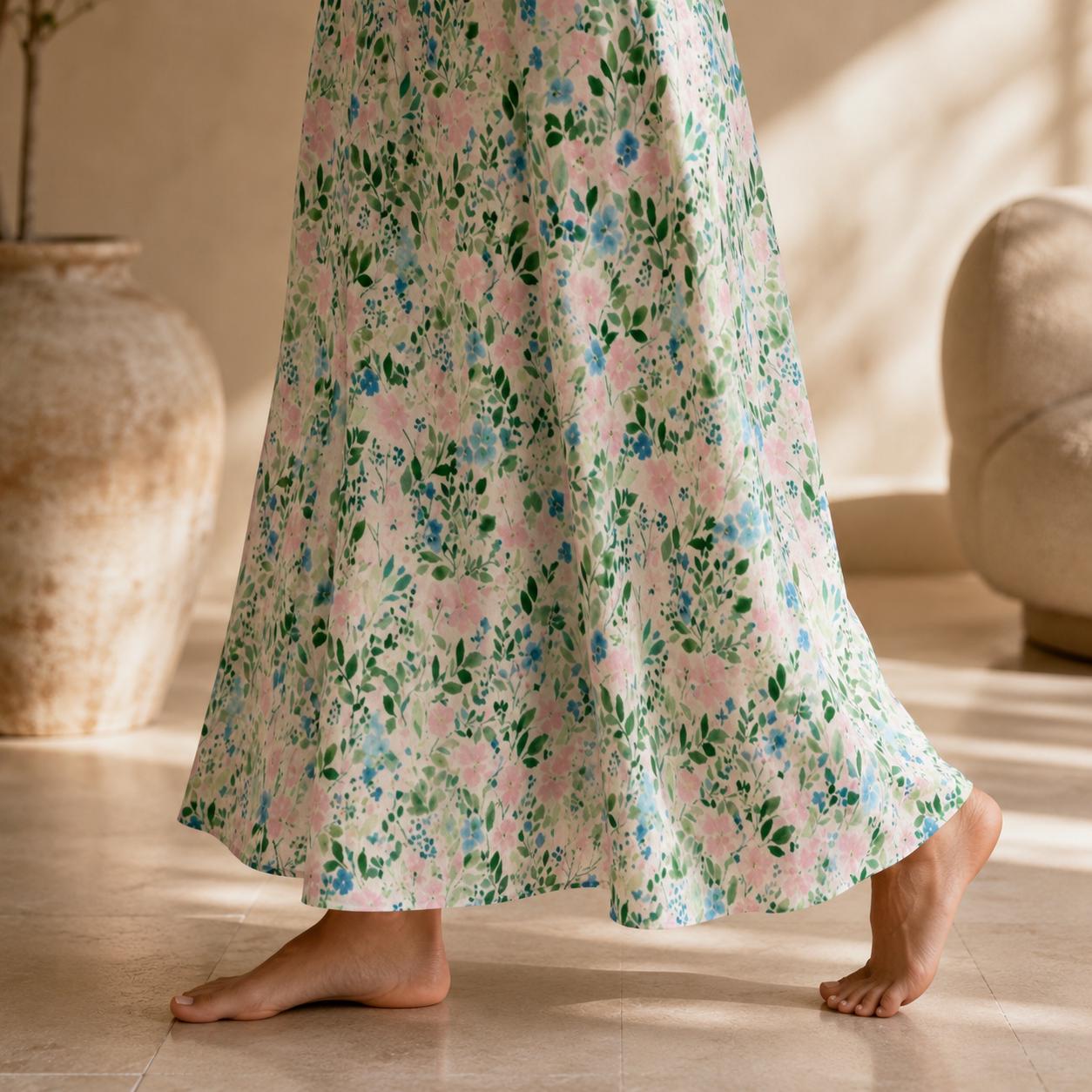 Watercolor Floral Maxi Dress, Blue Pink Ditsy Print Sundress, Summer Vacation Cami Slip