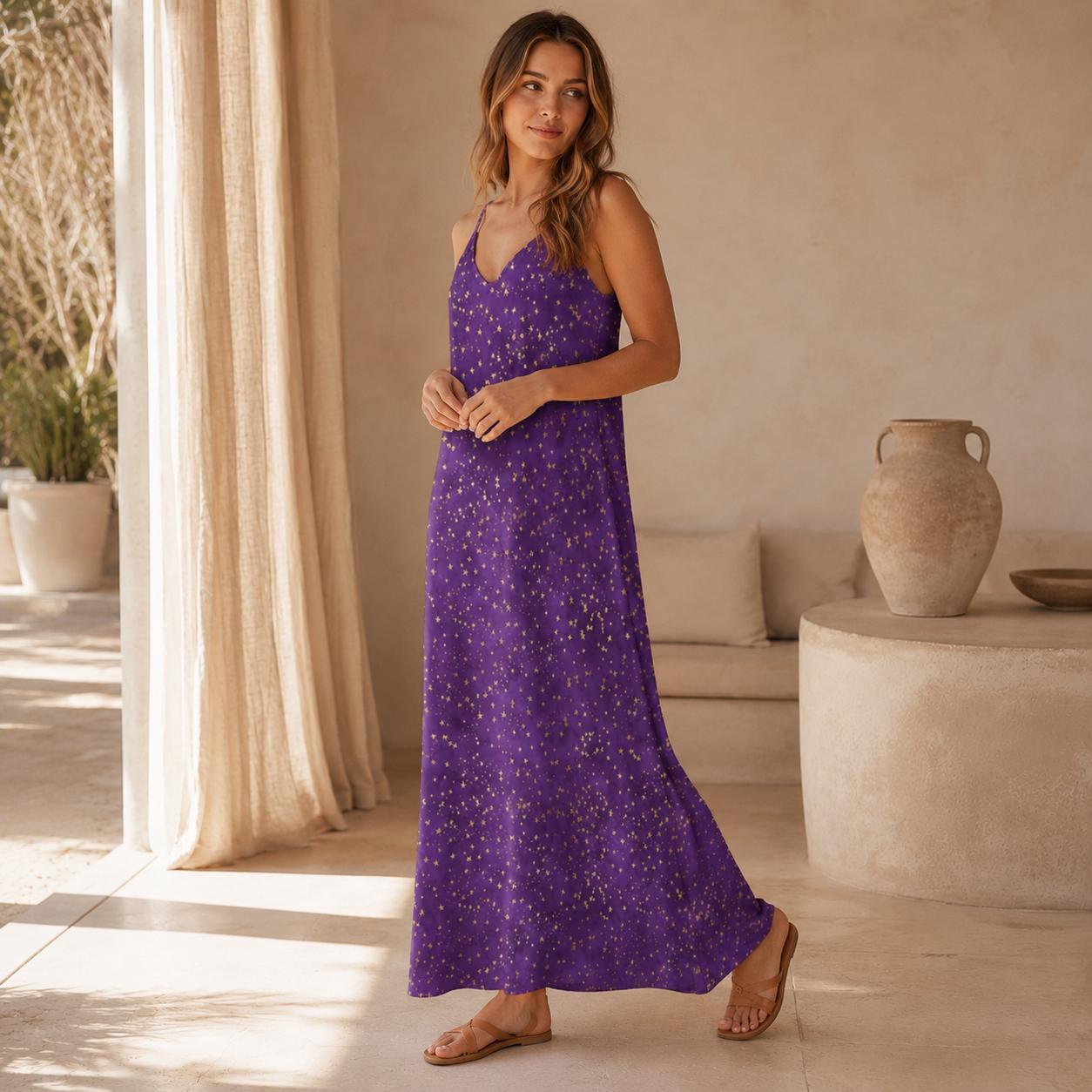 Celestial Maxi Dress, Purple Star Print, V-Neck Cami Sundress, Flowy Festival Wear