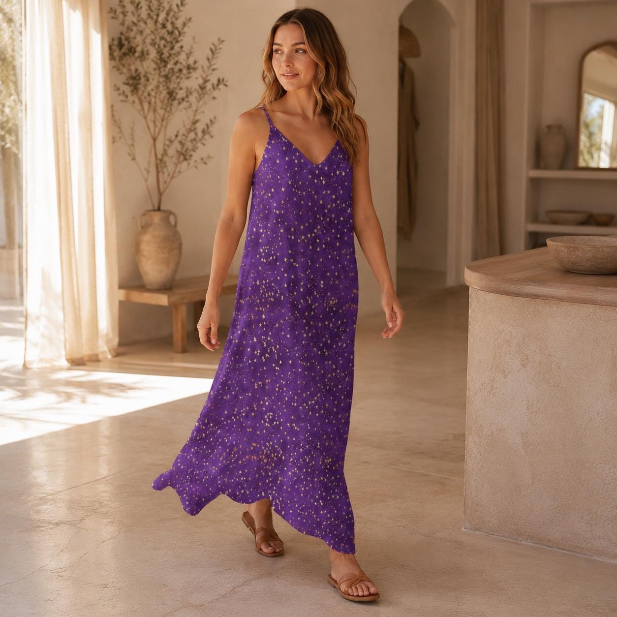 Celestial Maxi Dress, Purple Star Print, V-Neck Cami Sundress, Flowy Festival Wear