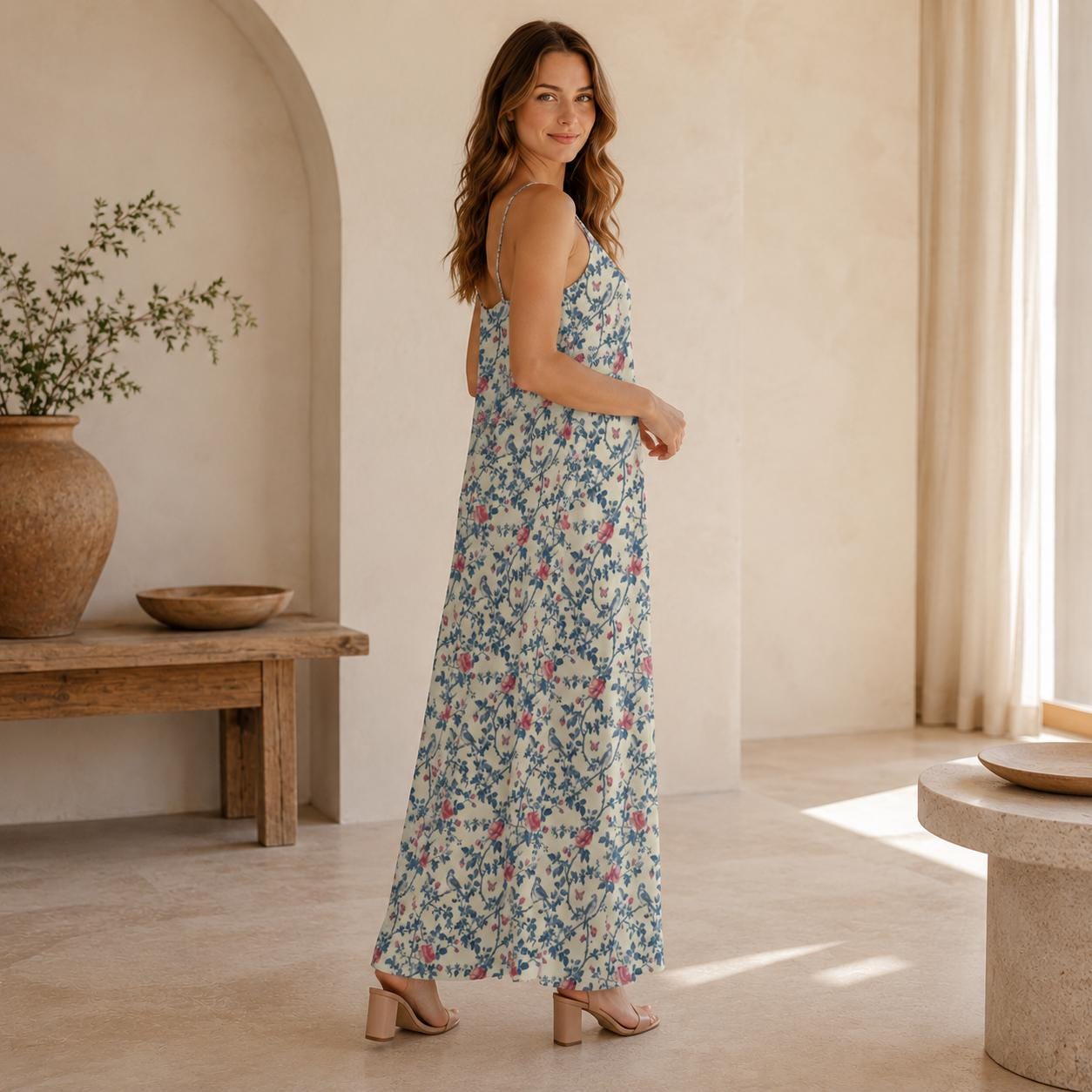 Vintage Floral Maxi Dress, Cream Rose Bird Print Sundress, Cottagecore Style