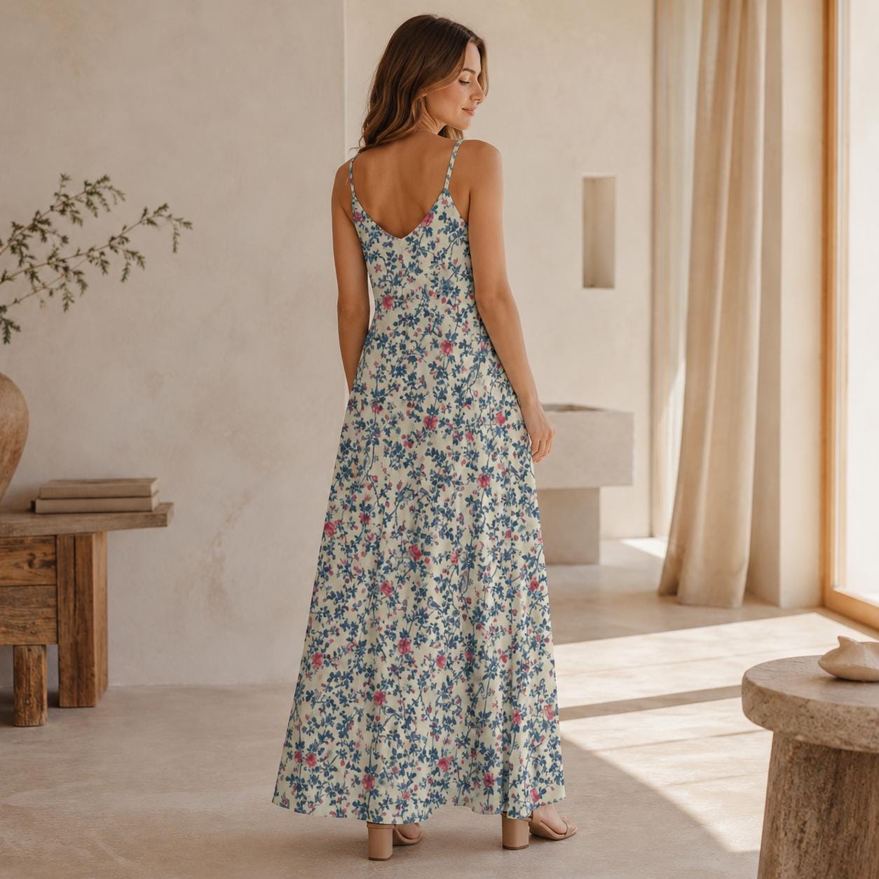 Vintage Floral Maxi Dress, Cream Rose Bird Print Sundress, Cottagecore Style