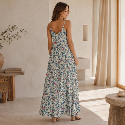 Vintage Floral Maxi Dress, Cream Rose Bird Print Sundress, Cottagecore Style