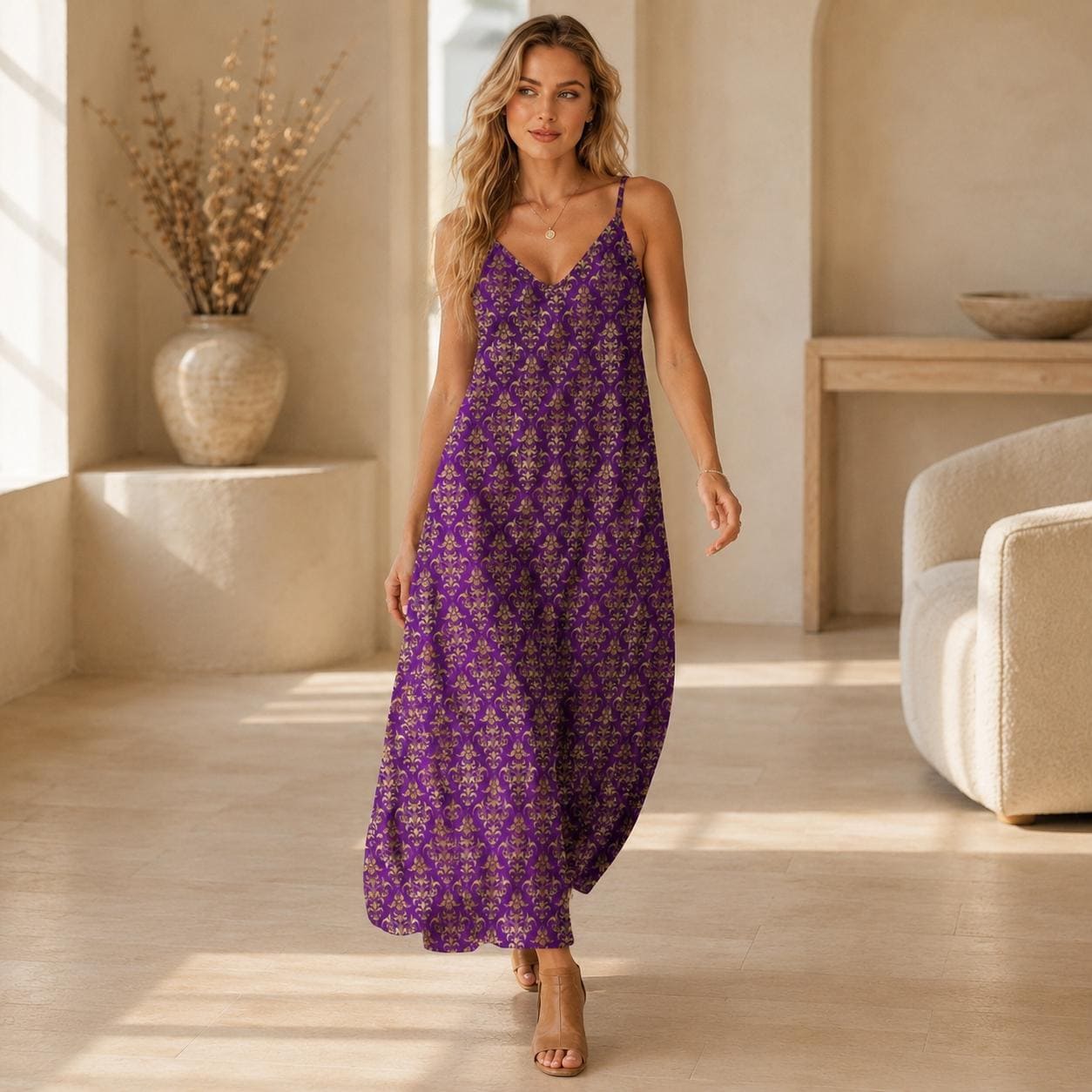 Purple Damask Maxi Dress, Royal Gold Baroque Print, Mardi Gras Festival Sundress