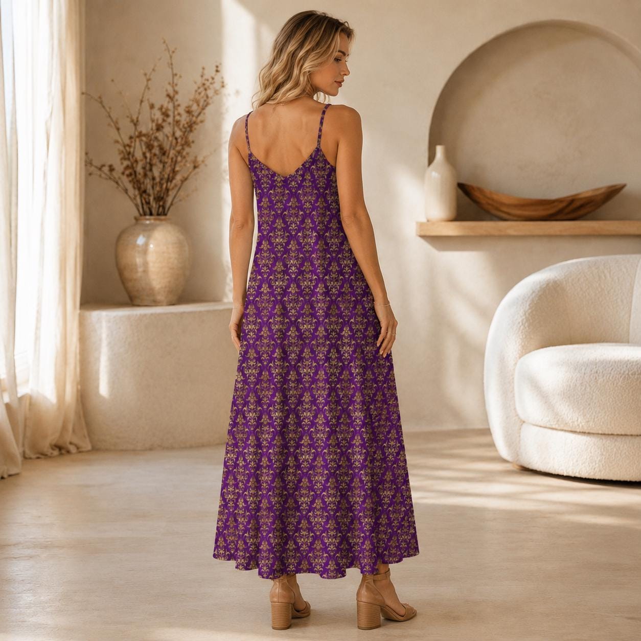 Purple Damask Maxi Dress, Royal Gold Baroque Print, Mardi Gras Festival Sundress
