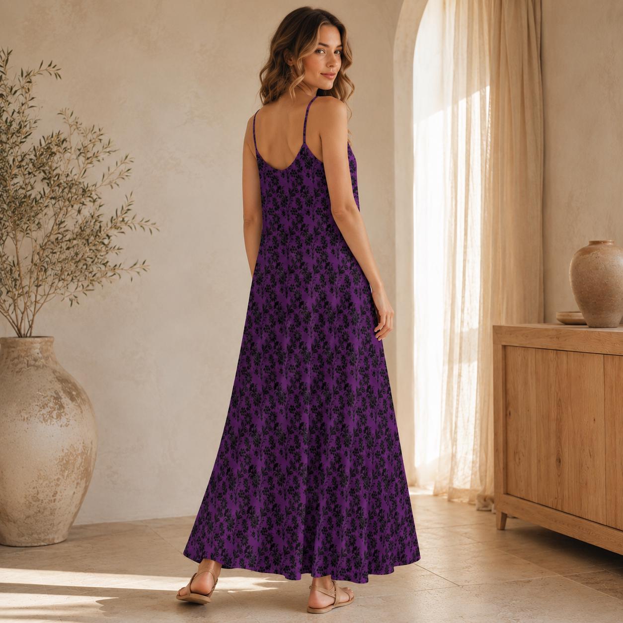 Gothic Maxi Dress, Purple Black Baroque Floral, Victorian Spaghetti Strap Sundress
