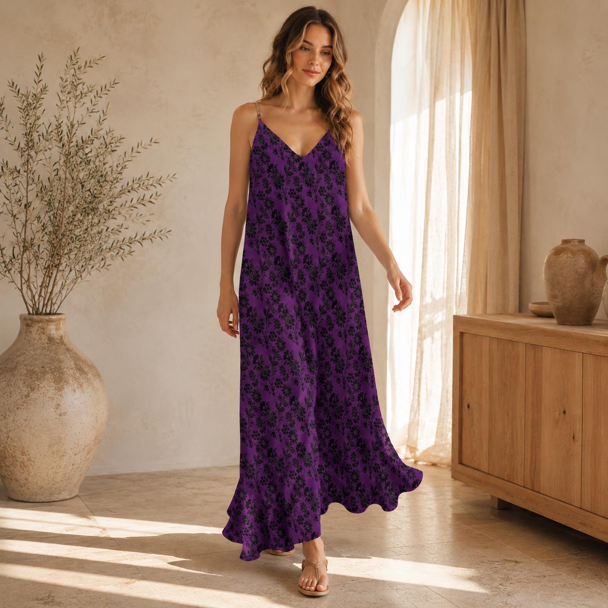 Gothic Maxi Dress, Purple Black Baroque Floral, Victorian Spaghetti Strap Sundress
