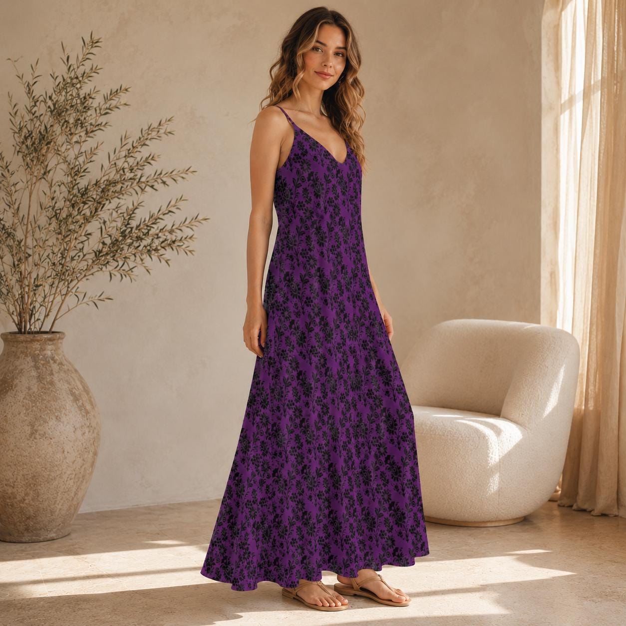 Gothic Maxi Dress, Purple Black Baroque Floral, Victorian Spaghetti Strap Sundress