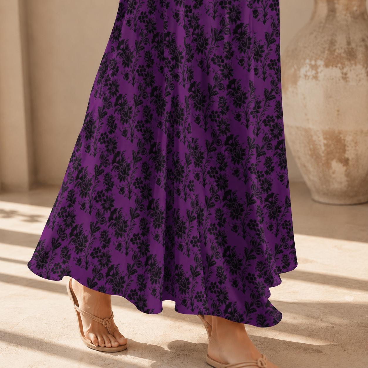 Gothic Maxi Dress, Purple Black Baroque Floral, Victorian Spaghetti Strap Sundress