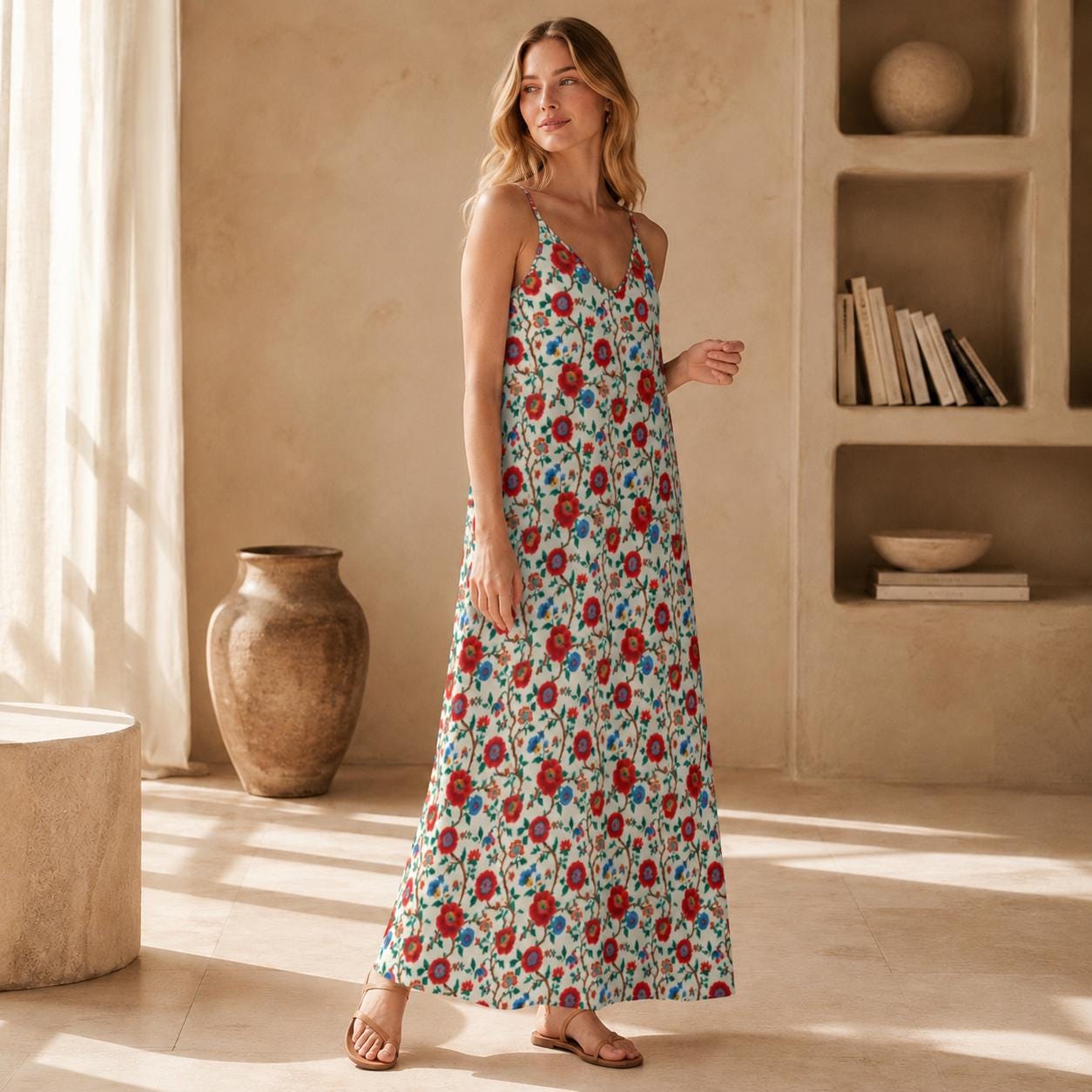 Cream and Red Poppy Floral Print Maxi Dress with Spaghetti Straps