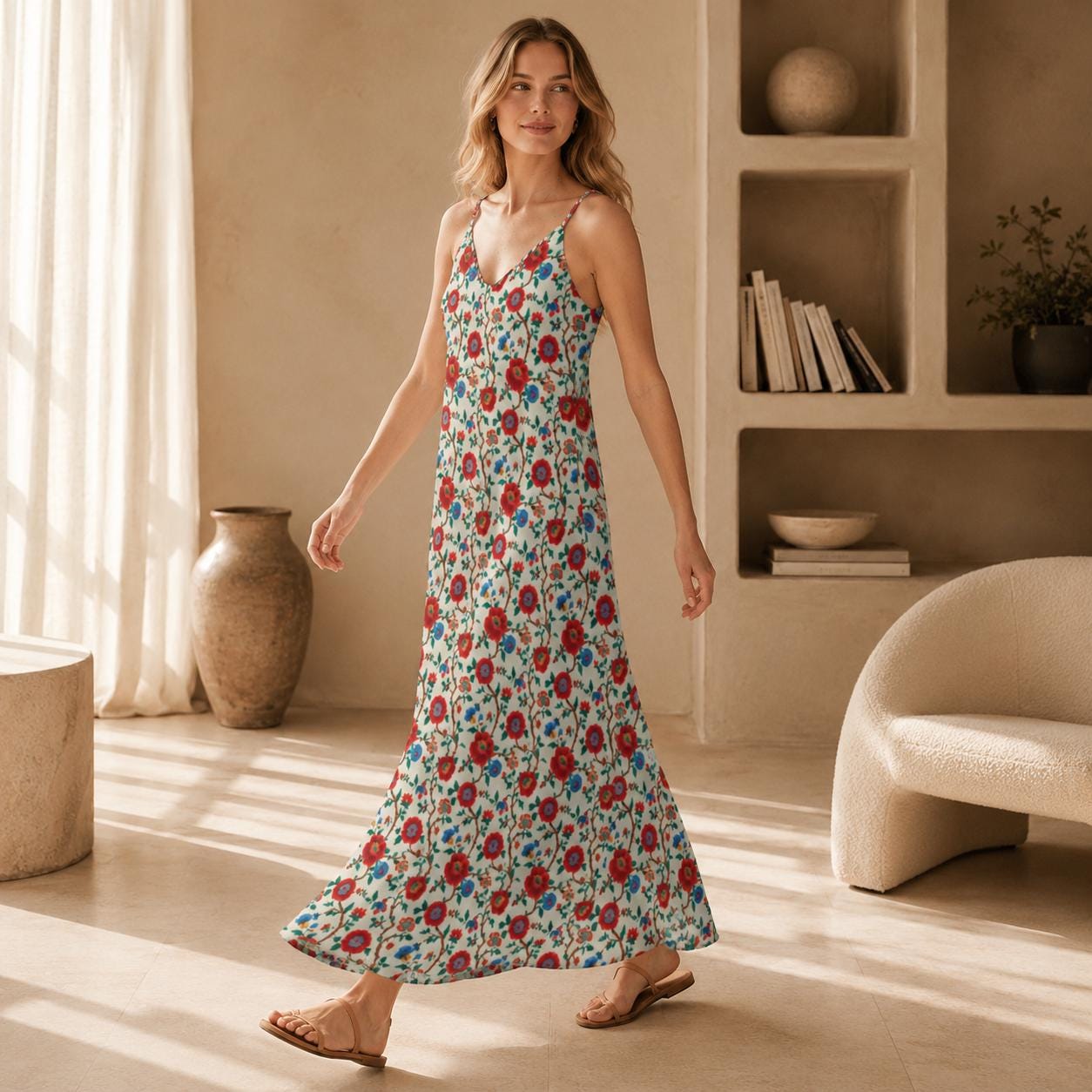 Cream and Red Poppy Floral Print Maxi Dress with Spaghetti Straps