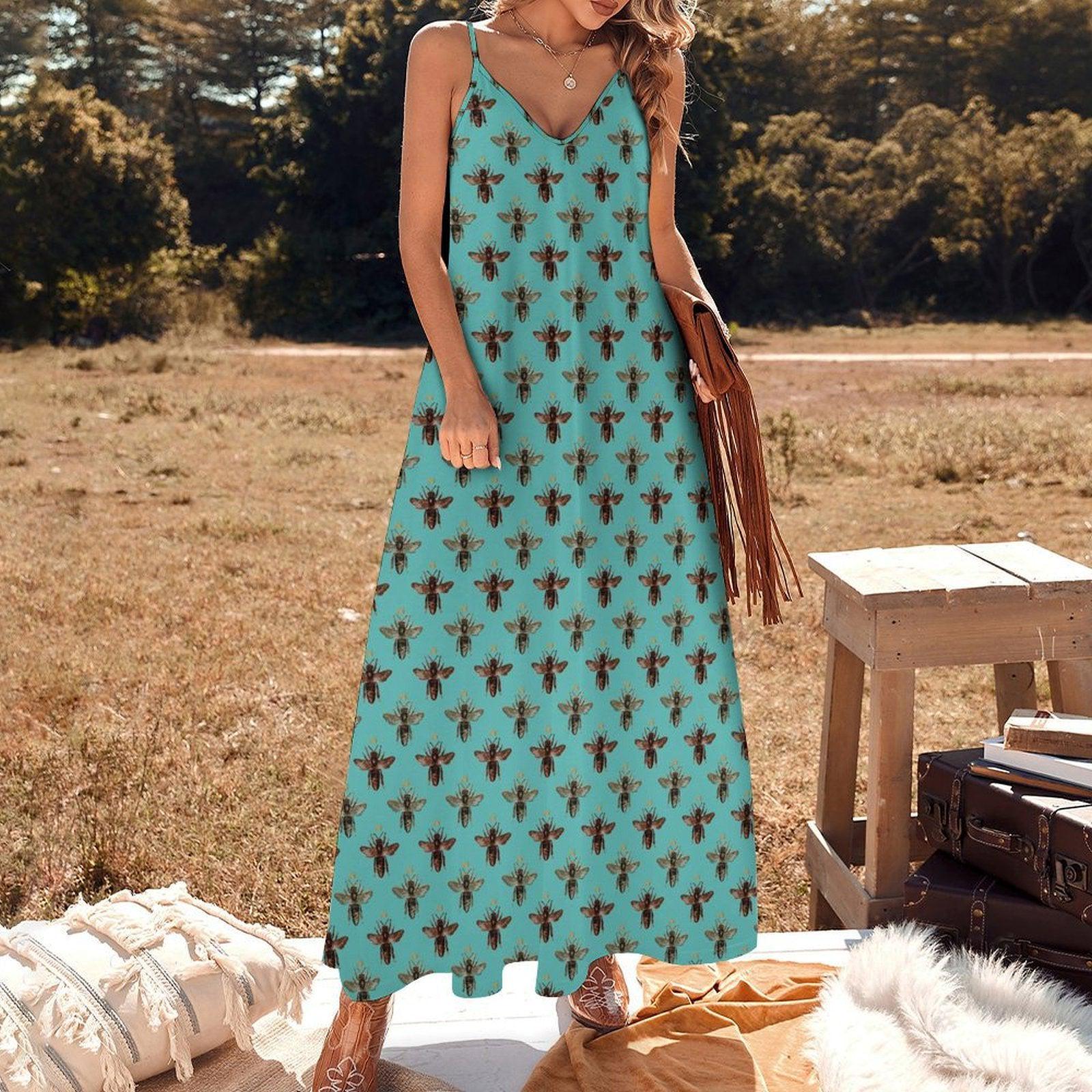 Teal Boho Block Print Maxi Dress, Spaghetti Strap Summer Sundress