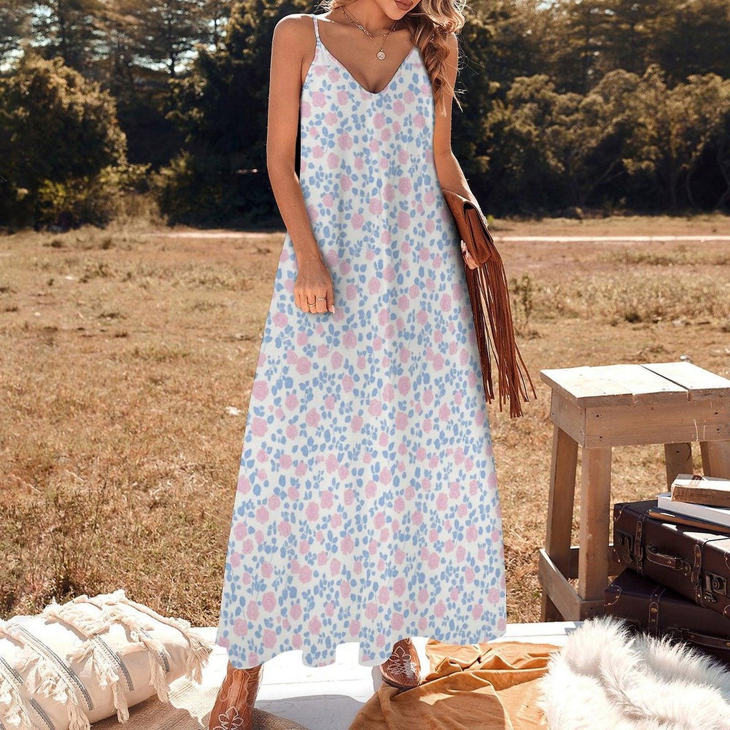 Ditsy Floral Maxi Dress, White Blue Pink Sleeveless Summer Sundress