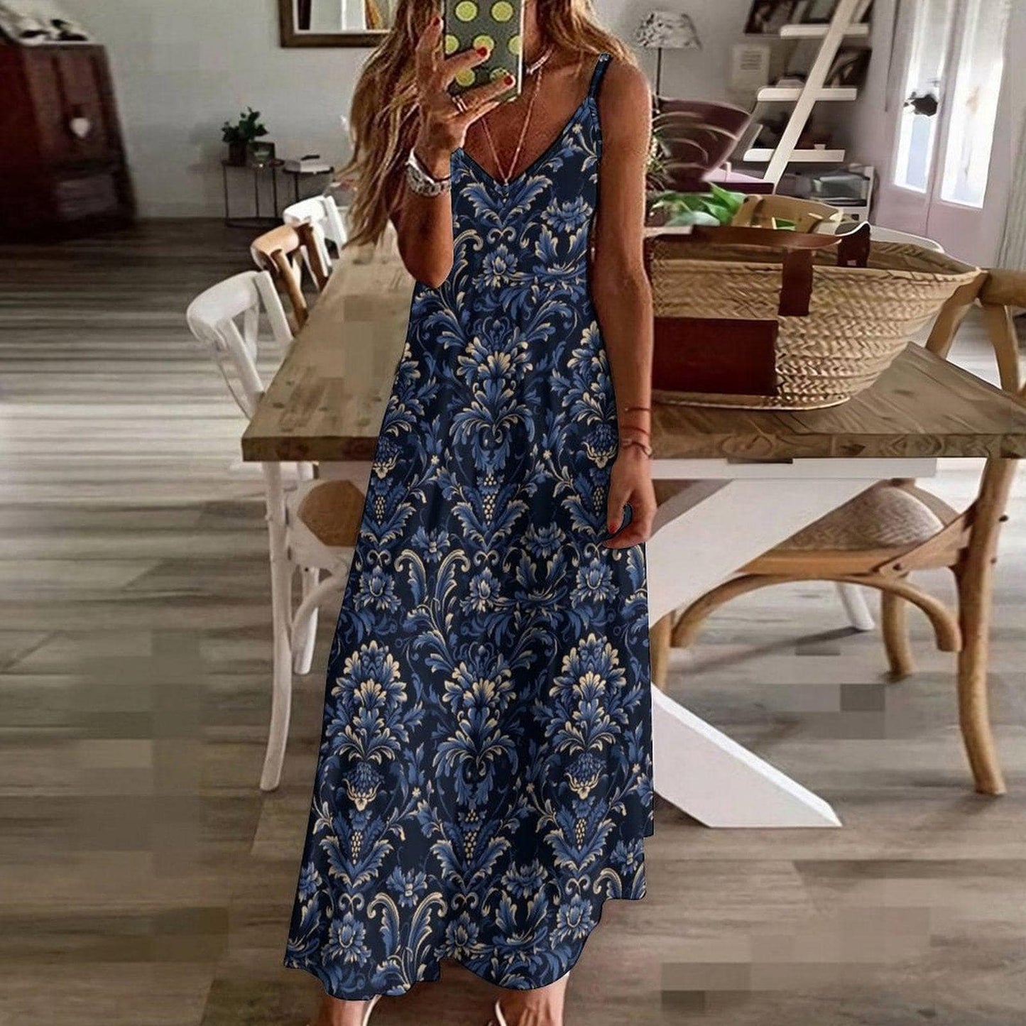 Navy Blue Damask Print Maxi Dress, Boho Sleeveless Summer Sundress