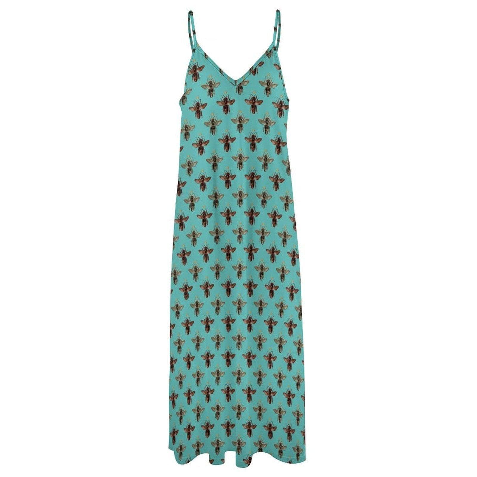 Teal Boho Block Print Maxi Dress, Spaghetti Strap Summer Sundress