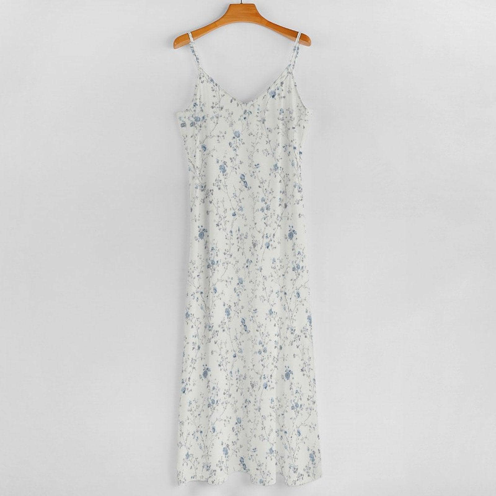 Blue Ditsy Floral Maxi Dress, White Spaghetti Strap Sundress, Coastal Cottage Style
