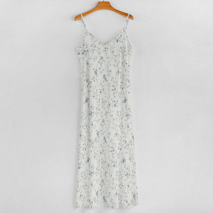 Blue Ditsy Floral Maxi Dress, White Spaghetti Strap Sundress, Coastal Cottage Style