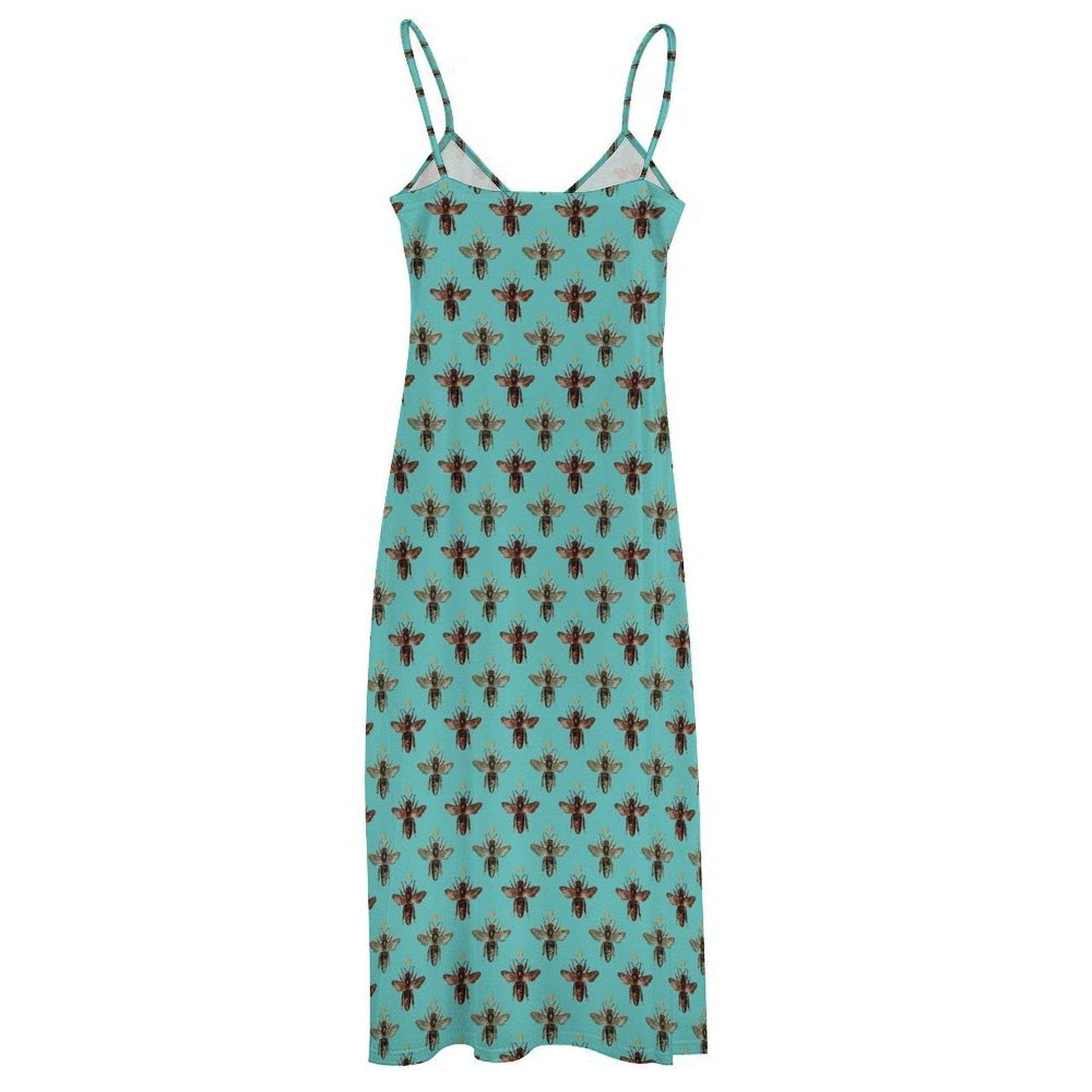 Teal Boho Block Print Maxi Dress, Spaghetti Strap Summer Sundress