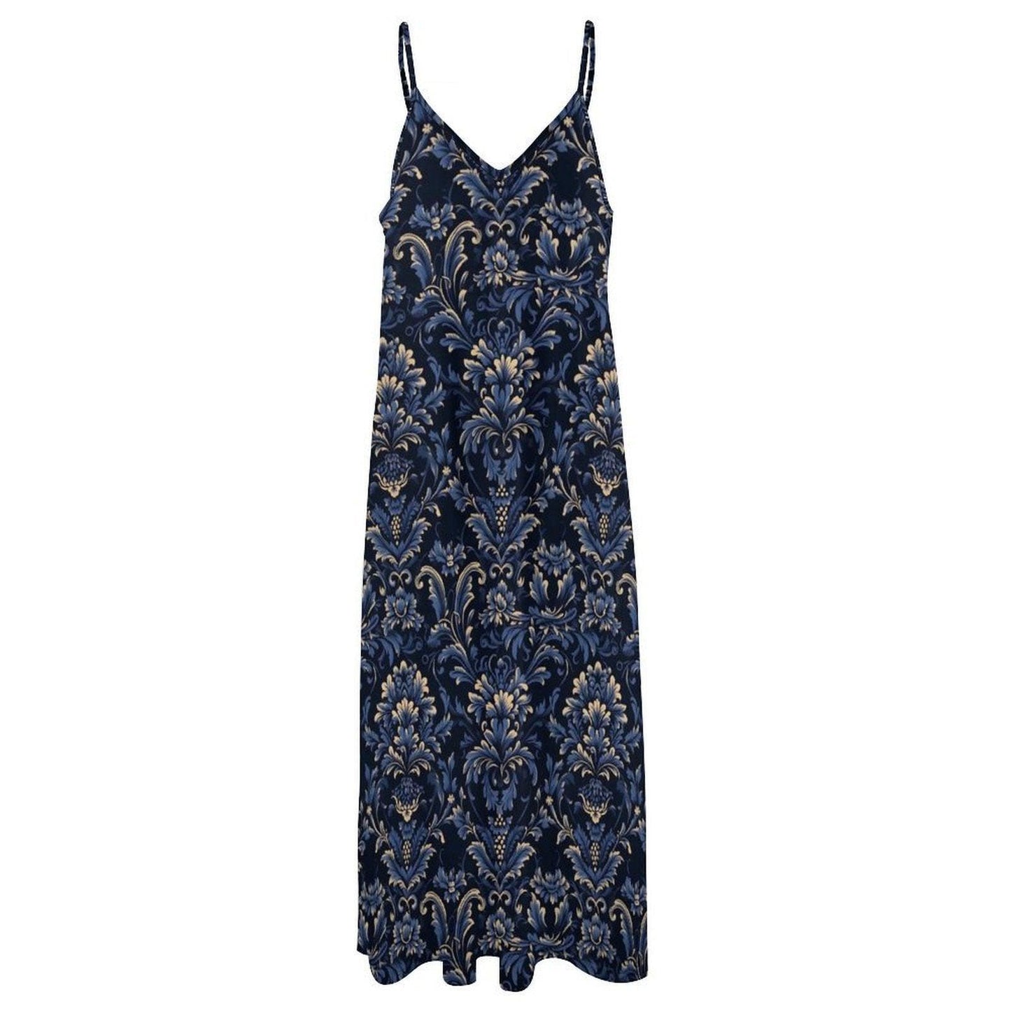 Navy Blue Damask Print Maxi Dress, Boho Sleeveless Summer Sundress