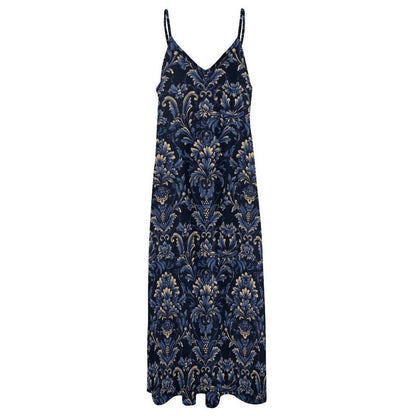 Navy Blue Damask Print Maxi Dress, Boho Sleeveless Summer Sundress
