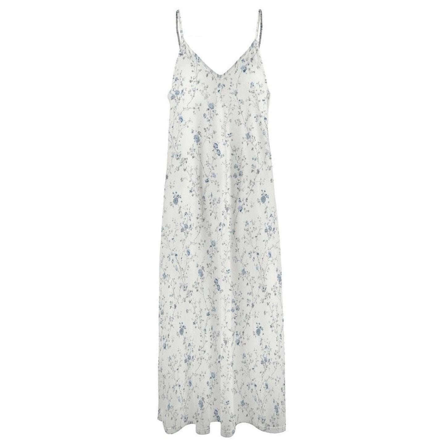 Blue Ditsy Floral Maxi Dress, White Spaghetti Strap Sundress, Coastal Cottage Style
