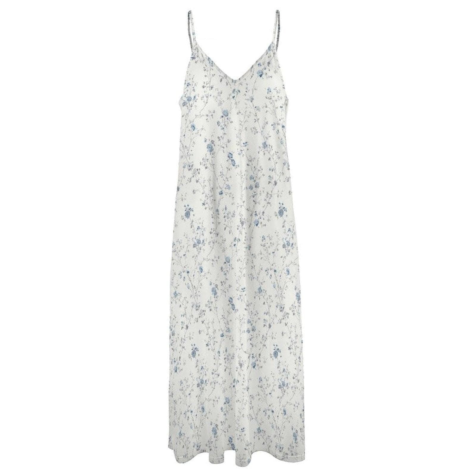 Blue Ditsy Floral Maxi Dress, White Spaghetti Strap Sundress, Coastal Cottage Style