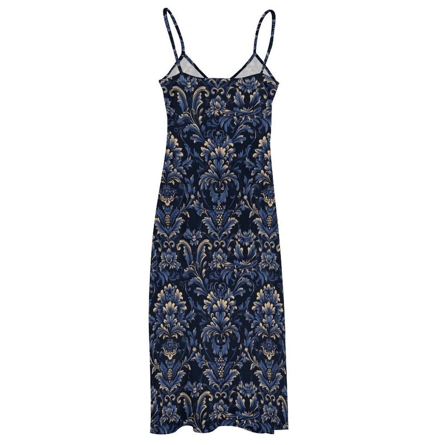 Navy Blue Damask Print Maxi Dress, Boho Sleeveless Summer Sundress