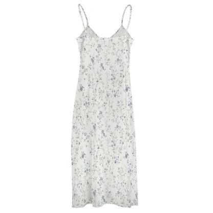Blue Ditsy Floral Maxi Dress, White Spaghetti Strap Sundress, Coastal Cottage Style