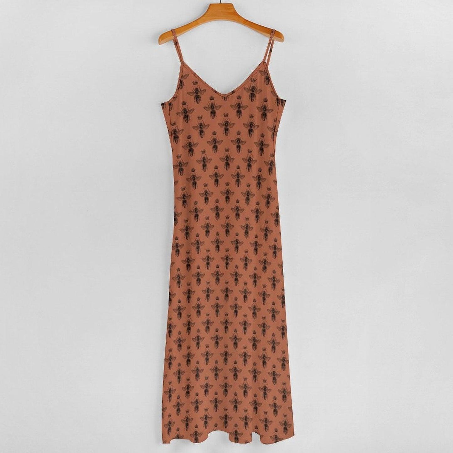 Rust Brown Bee Print Maxi Dress, Cottagecore Spaghetti Strap Sundress