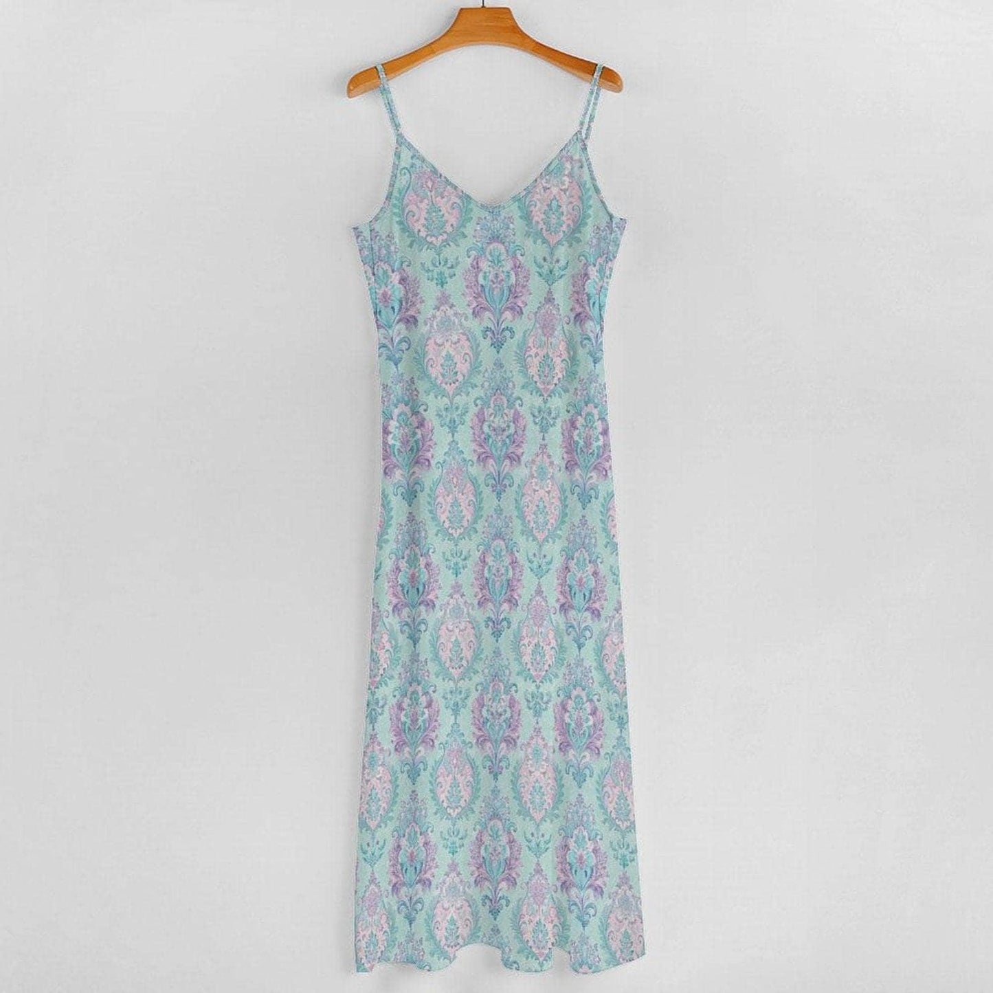 Turquoise Damask Print Maxi Dress, Boho Spaghetti Strap Sundress, Beach Vacation Wear