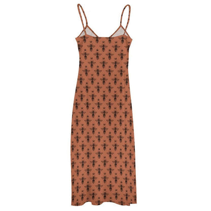 Rust Brown Bee Print Maxi Dress, Cottagecore Spaghetti Strap Sundress