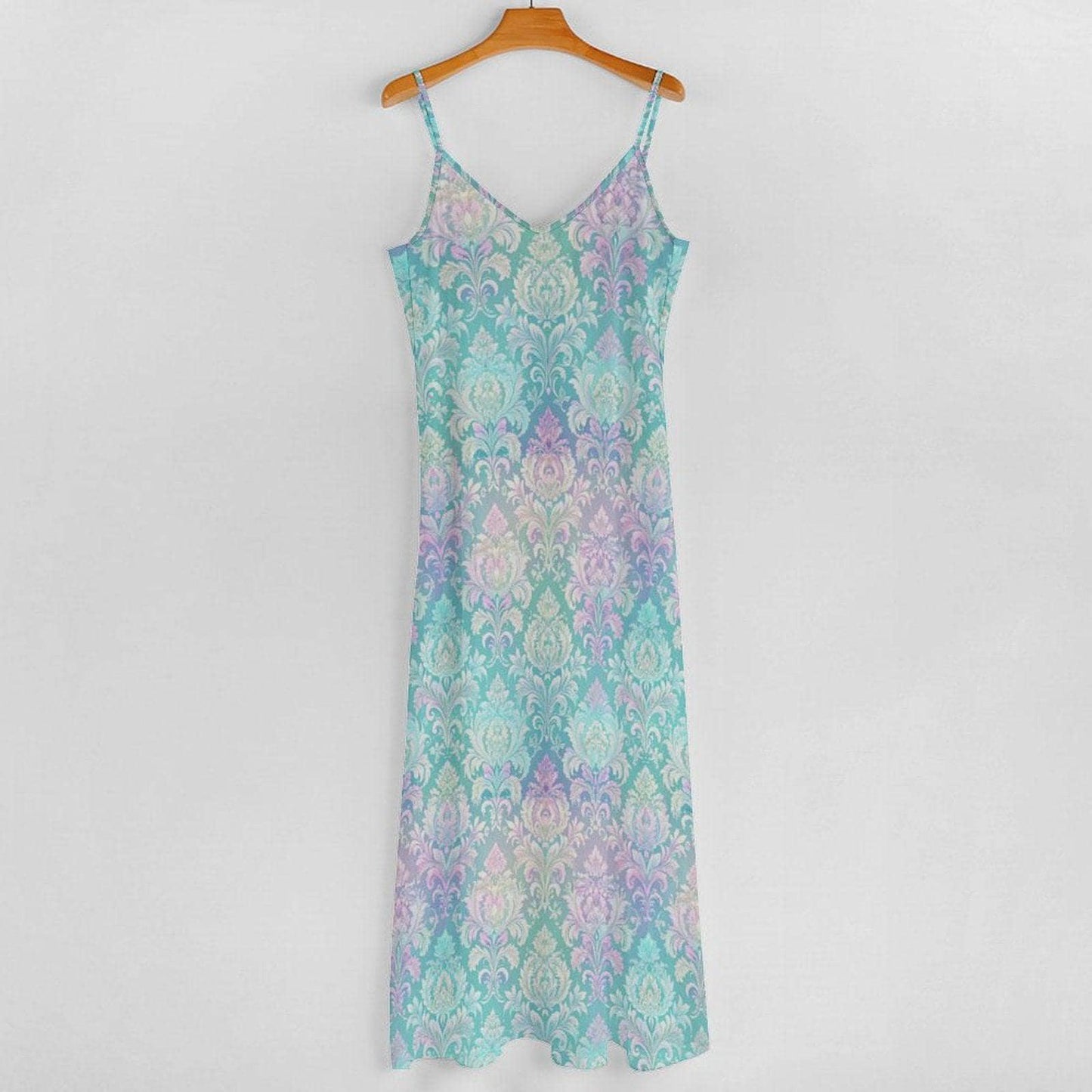 Fairycore Maxi Dress, Mint Green Pastel Damask Print, Iridescent Summer Beach Wear