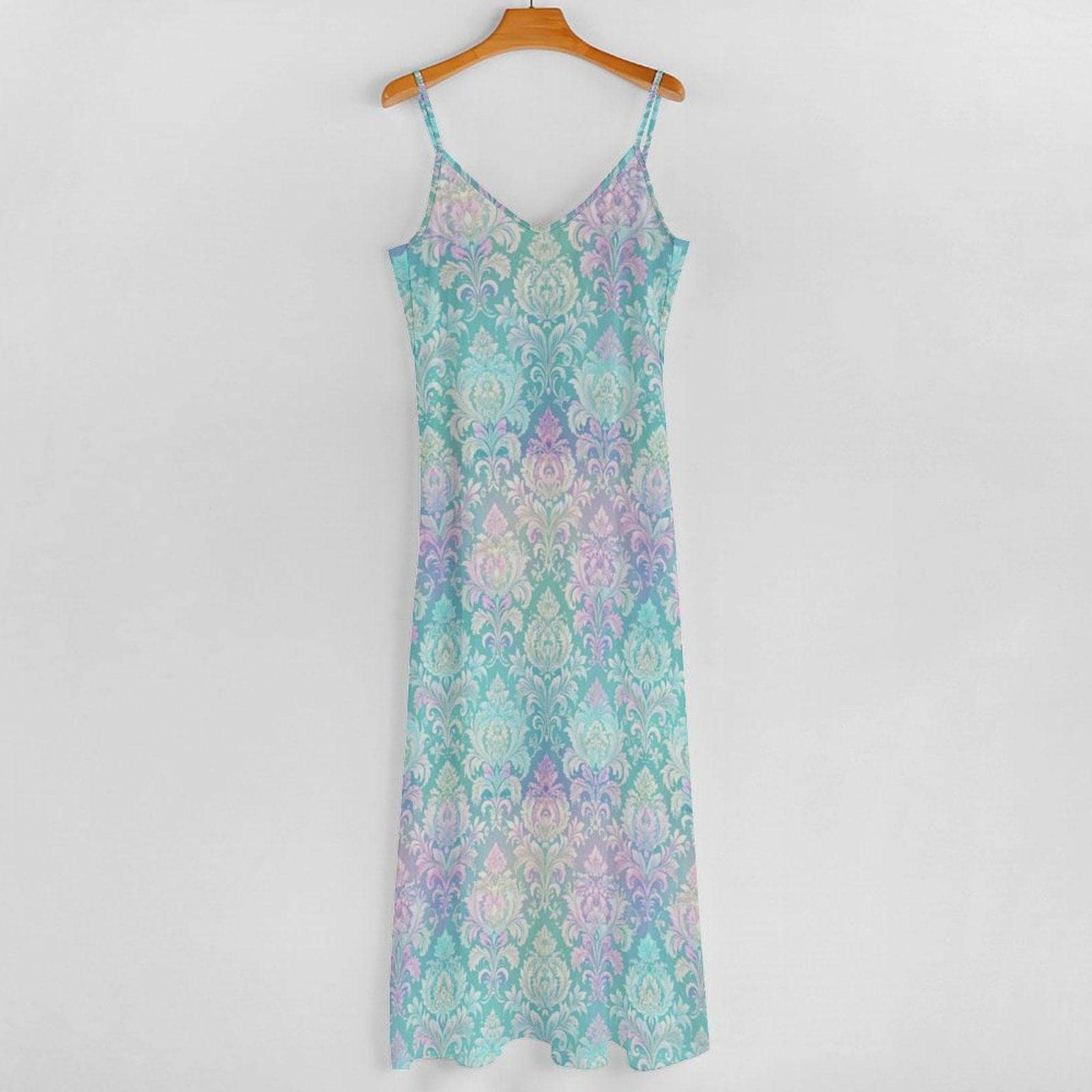 Fairycore Maxi Dress, Mint Green Pastel Damask Print, Iridescent Summer Beach Wear