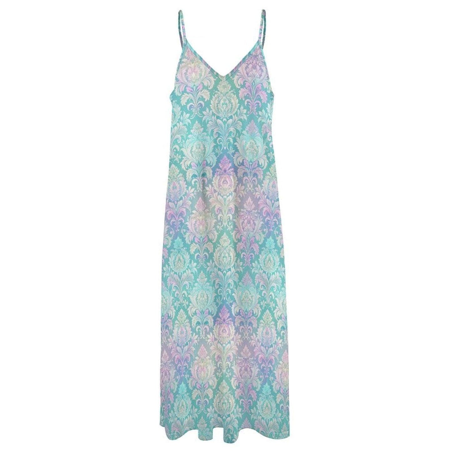 Fairycore Maxi Dress, Mint Green Pastel Damask Print, Iridescent Summer Beach Wear