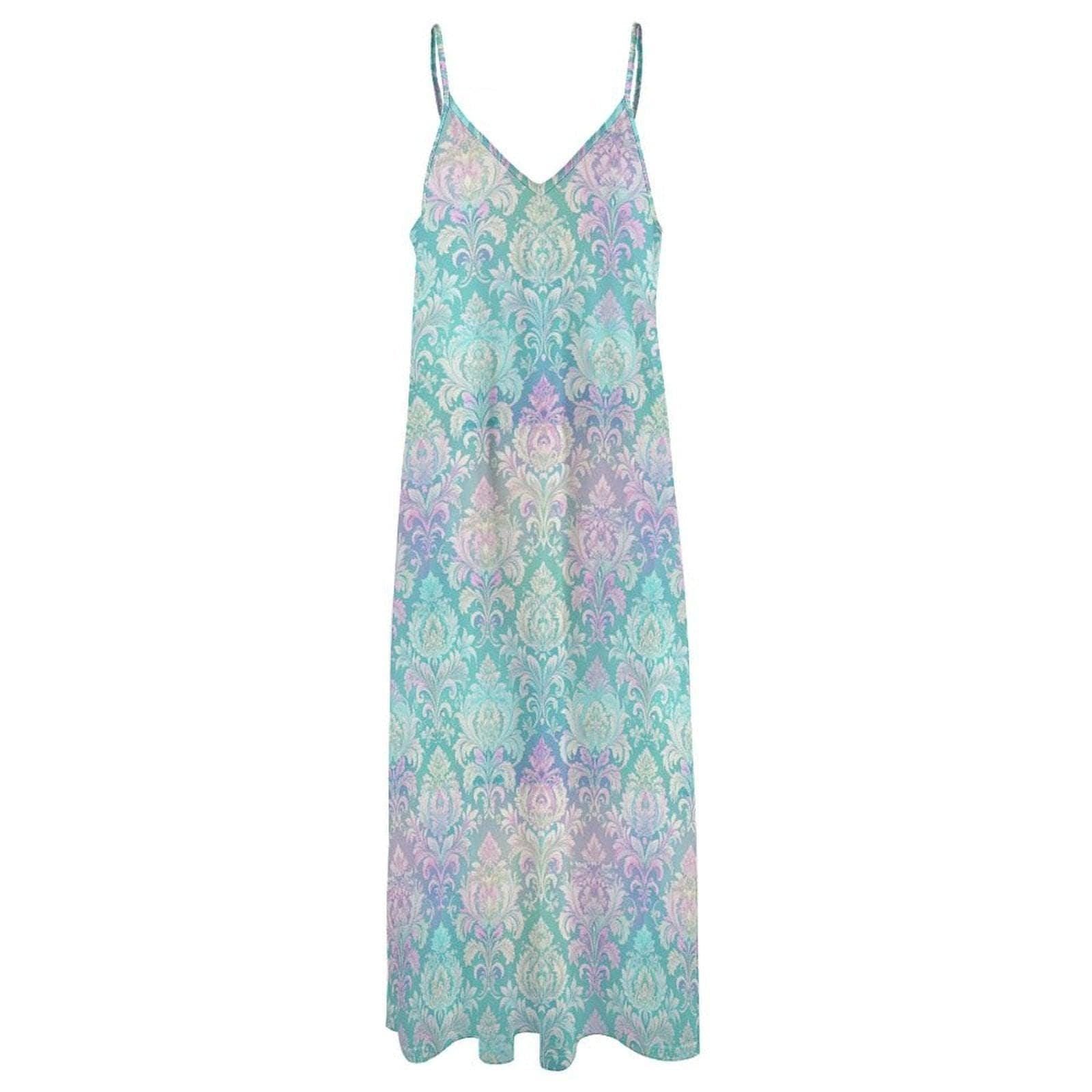 Fairycore Maxi Dress, Mint Green Pastel Damask Print, Iridescent Summer Beach Wear