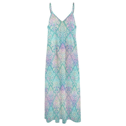 Fairycore Maxi Dress, Mint Green Pastel Damask Print, Iridescent Summer Beach Wear
