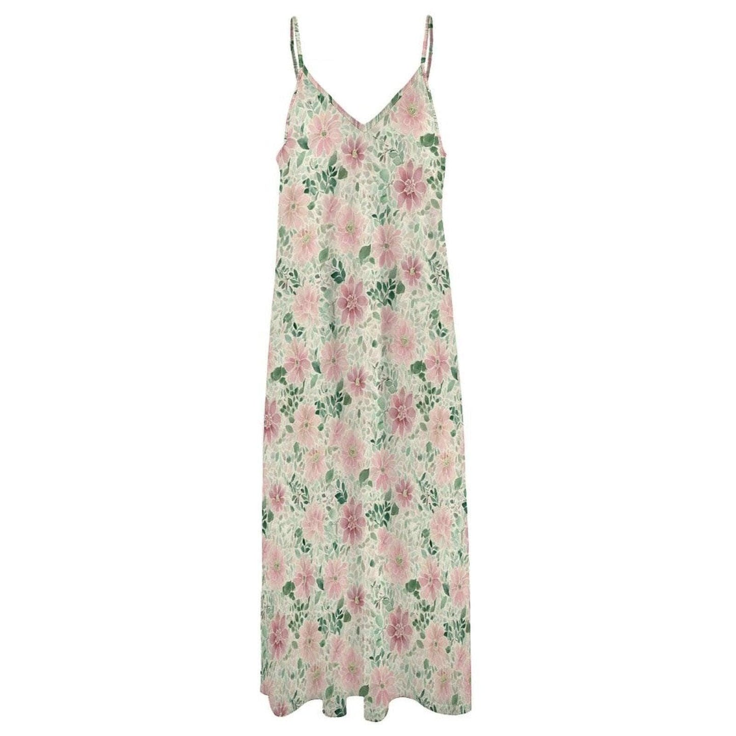 Pink Watercolor Floral Maxi Dress, Spaghetti Strap V Neck Summer Sundress